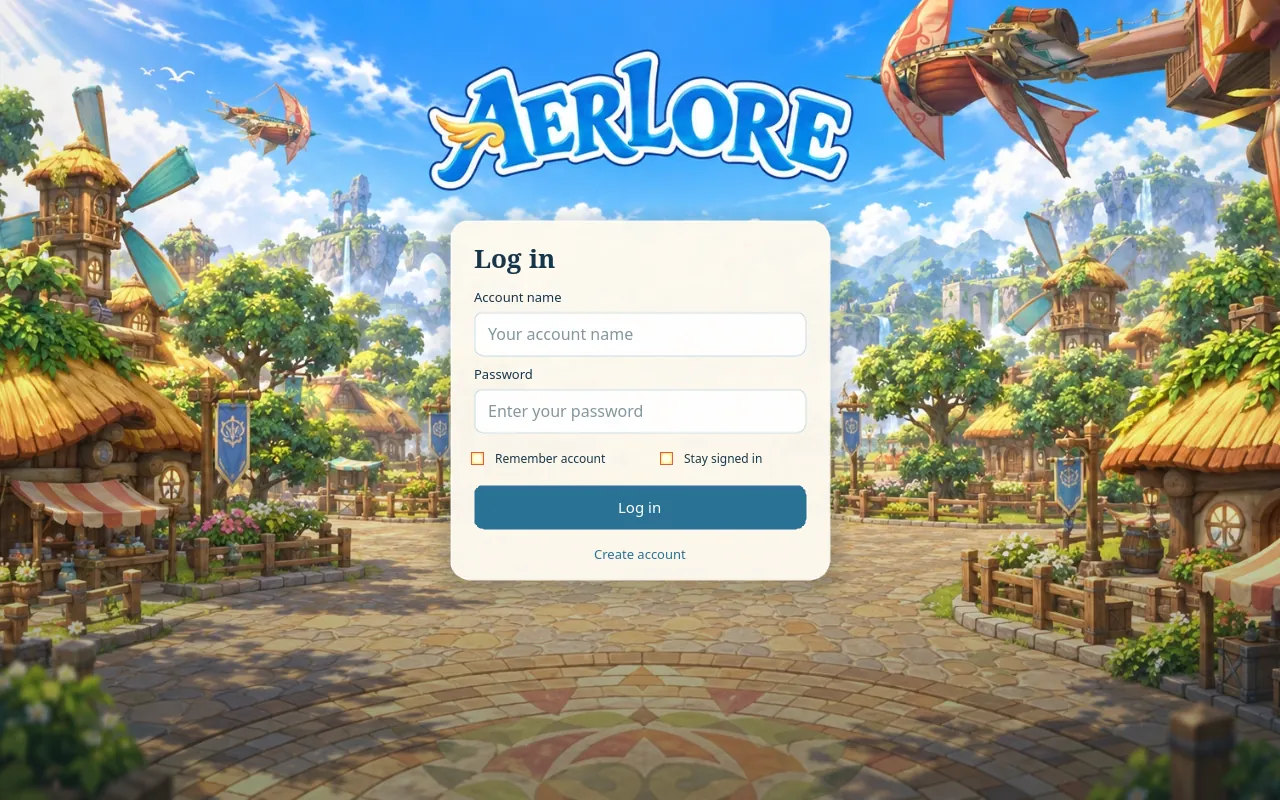 The Aerlore login screen